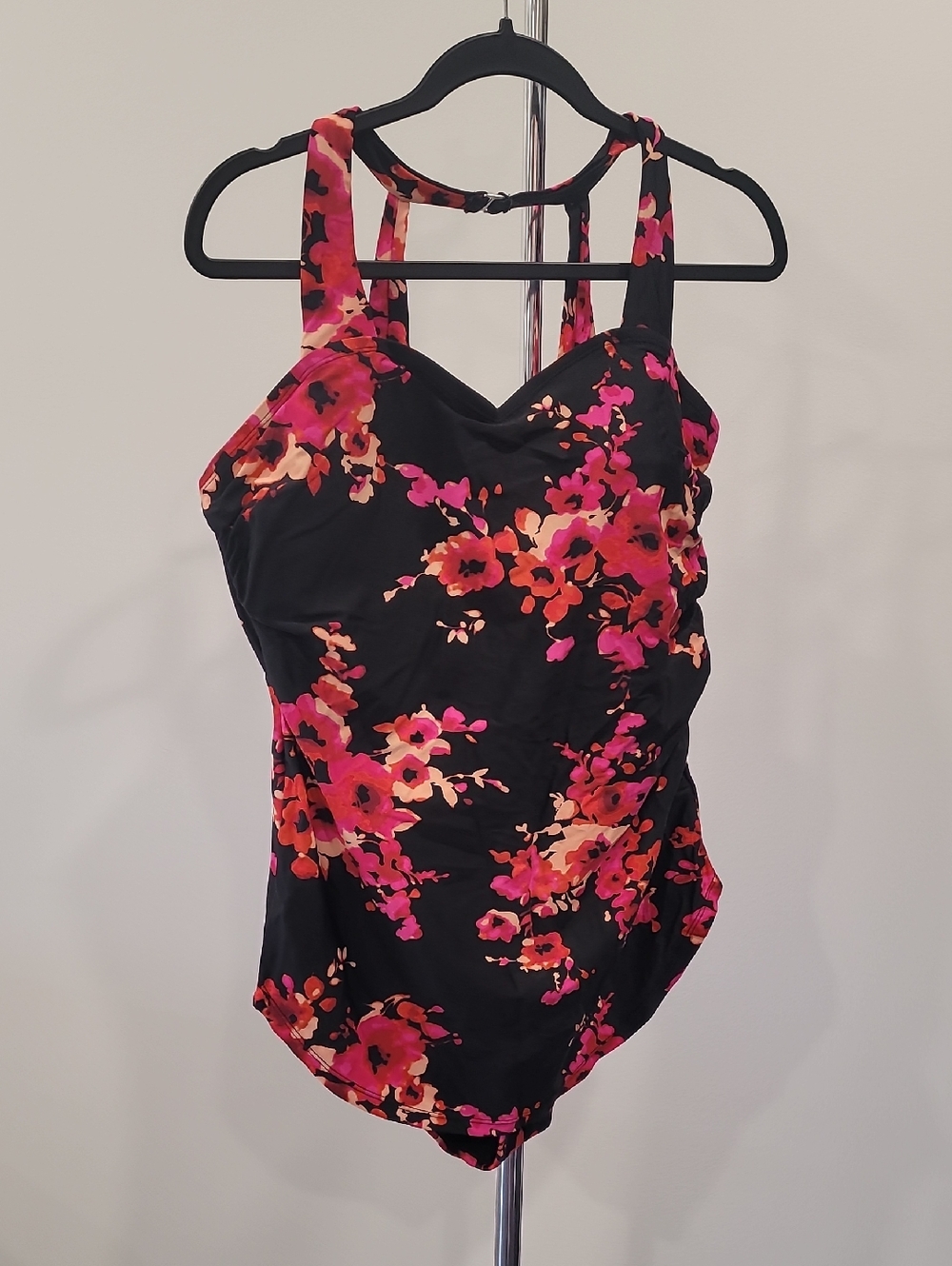 Womens Black One-Piece Swimsuit with Pink & Orange Floral Print